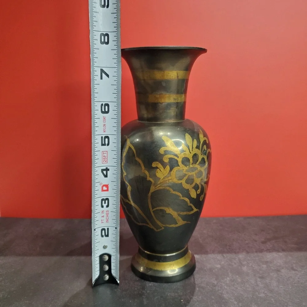 Vintage Hand-Etched Black & Gold Brass‎ Vase Made in India Mid-Century Decor